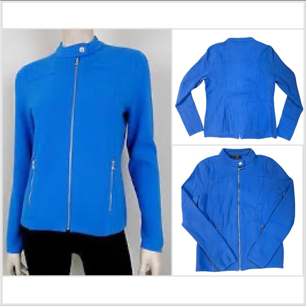 Ralph Lauren Women’s Stretch Sweater Jacket Blue Cotton Full Zip Snap Sz M
